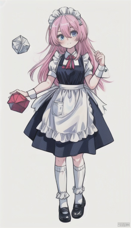 1girl, solo, long hair, looking at viewer, blue eyes, simple background, hair ornament, white background, hair between eyes, full body, pink hair, shoes, alternate costume, socks, apron, wrist cuffs, maid, kneehighs, maid headdress, white socks, mary janes, maid apron, enmaided, cube hair ornament, gotou hitori