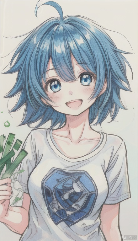 1girl, solo, breasts, looking at viewer, blush, smile, short hair, open mouth, blue eyes, shirt, blue hair, collarbone, upper body, ahoge, short sleeves, traditional media, t-shirt, messy hair, spring onion