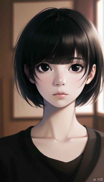 1girl, solo, looking at viewer, short hair, bangs, black hair, hair ornament, closed mouth, indoors, black eyes, lips, portrait, realistic