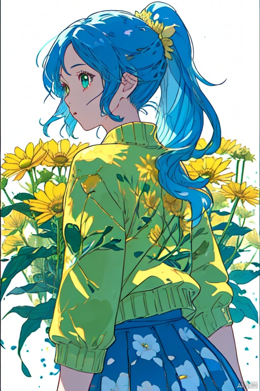 1girl, solo, long hair, bangs, skirt, simple background, shirt, long sleeves, white background, holding, blue hair, ponytail, flower, traditional media, yellow flower, green shirt, holding flower, green sweater