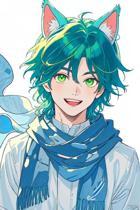 solo, smile, open mouth, 1boy, white background, animal ears, green eyes, blue hair, male focus, scarf, traditional media, colored pencil \(medium\)