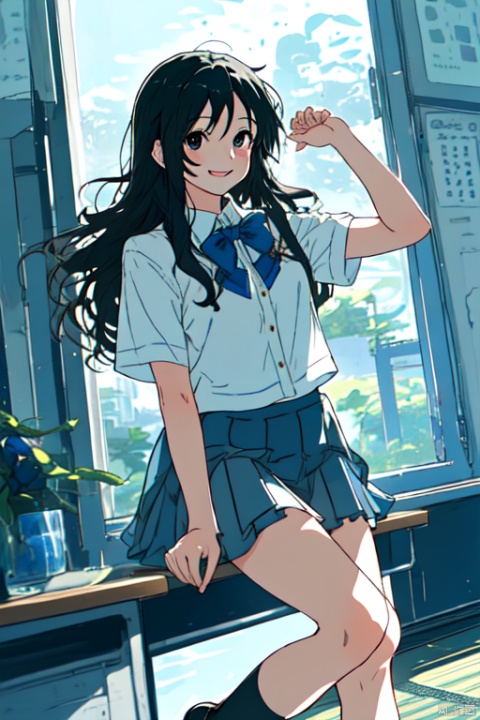 1girl, solo, long hair, smile, skirt, black hair, school uniform, socks, black eyes, sakuragaoka high school uniform, akiyama mio