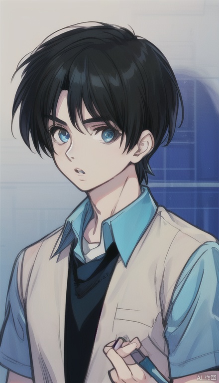 solo, looking at viewer, blue eyes, shirt, black hair, 1boy, holding, upper body, male focus, parted lips, collared shirt, blue shirt, jonathan joestar