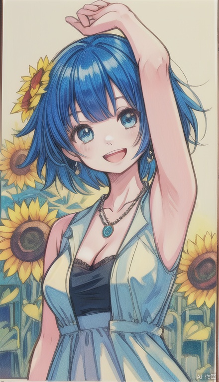 1girl, solo, breasts, smile, short hair, open mouth, bangs, dress, holding, cleavage, jewelry, medium breasts, blue hair, upper body, flower, sleeveless, hair flower, medium hair, armpits, necklace, arm up, sleeveless dress, traditional media, sunflower