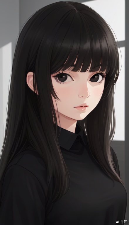 1girl, solo, long hair, looking at viewer, bangs, shirt, black hair, closed mouth, upper body, indoors, blunt bangs, black eyes, lips, black shirt, realistic, nose