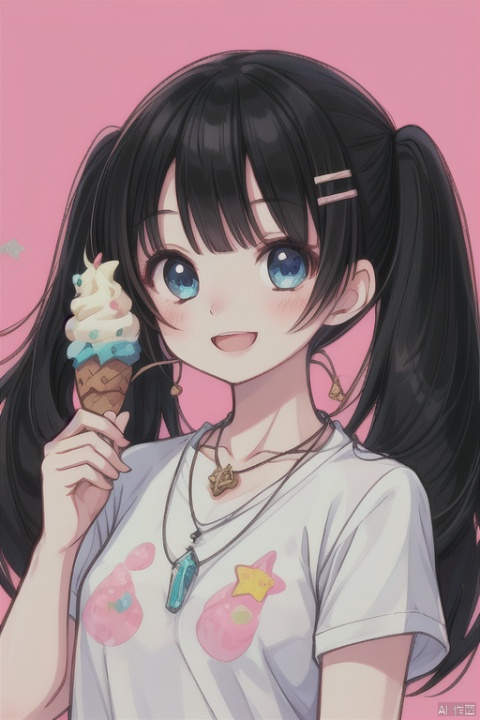 1girl, solo, long hair, looking at viewer, blush, smile, open mouth, bangs, blue eyes, shirt, black hair, hair ornament, holding, twintails, jewelry, upper body, food, hairclip, necklace, star \(symbol\), ice cream, food-themed hair ornament, ice cream cone