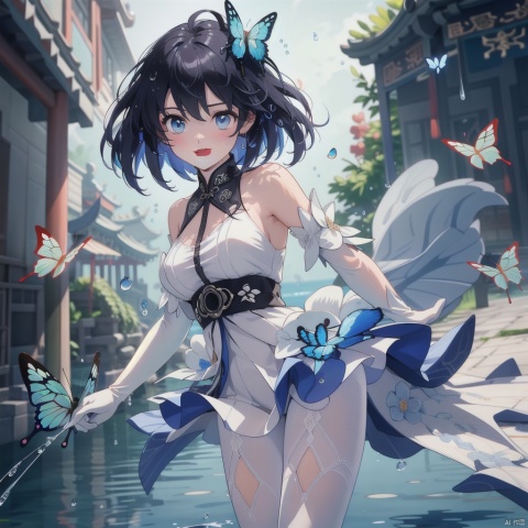 game cg, (masterpiece), (best quality), highres,extremely detailed CG,detailed light, 1girl, solo,   , stygian, blue hair, white dress, white pantyhose, white gloves, elbow gloves, smile, white butterfly, ((water drops)),((beautiful detailed water)),((floating)),dynamic angle, open mouth,china dress,swallowtail, loli,无