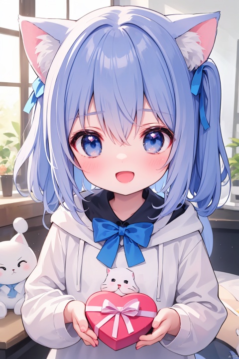  "(best quality),(ultra detailed),(clean face),(beautiful face),(smooth skin),(high quality),(fine texture),(unparalleled masterpiece),(surreal 8k)" ,1girl

solo

loli

long hair

looking at viewer

blush

smile

open mouth

bangs

blue eyes

shirt

hair ornament

long sleeves

bow

holding

animal ears

hair between eyes

sitting

very long hair

blue hair

tail

:d

heart

cat ears

hood

red bow

cat tail

sleeves past wrists

hands up

one side up

blue bow

stuffed toy

hood down

cat girl

animal print

box

gift

blue nails

gift box

tail ornament

holding gift

cardboard box

tail bow

heart-shaped box

in box

stuffed cat