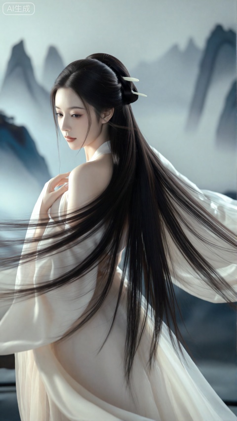 8K超高清，电影质感，柔光氛围，古风白衣仙女，清冷气质，长发飘逸，玉簪挽发，眉眼温柔疏离，皮肤细腻白皙，水墨山水背景，云雾缭绕，唯美意境，端庄优雅，动态飘逸，新中式美学，干净高级，无暴露，正面半身，自然光影
