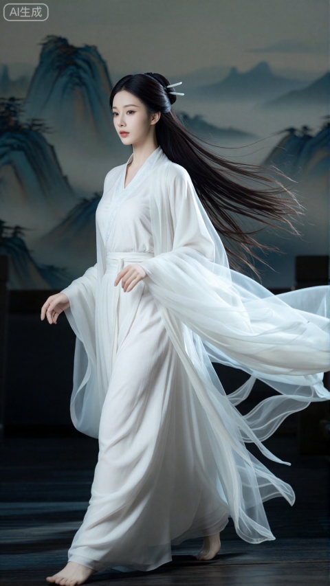 8K超高清，电影级光影，绝美古风白衣女子，清冷优雅气质，长发飘逸，玉簪挽发，眉眼温柔精致，皮肤白皙细腻，水墨山水云雾背景，优雅慢步前行，裙摆随风飘动，动态自然流畅，唯美意境，高级质感，细节拉满，竖屏构图