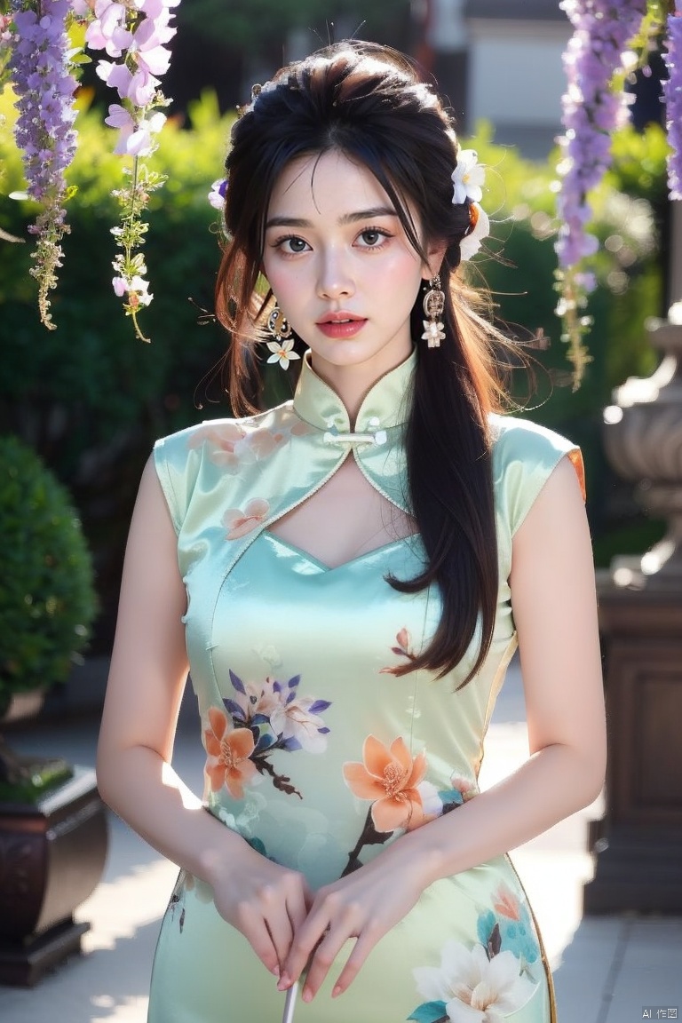1girl, blurry, blurry_background, blurry_foreground, depth_of_field, motion_blur, hand_fan, bokeh, photo_\(medium\), solo, dress, chinese_clothes, black_hair, earrings, lips, 3d, photo_background, holding, focused, jewelry, wisteria, holding_fan, looking_at_viewer, photorealistic, china_dress,extremely detailed CG unity 8k wallpaper,masterpiece, best quality, ultra-detailed, beautiful detailed eyes:1.2,best illumination, (best shadow, an extremely delicate and beautiful, bloom),best quality, masterpiece, highres, original, extremely detailed wallpaper, perfect lighting,(extremely detailed CG:1.2), drawing, paintbrush,, 