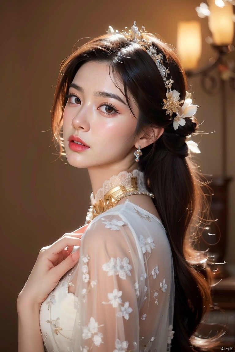 A stunning masterpiece of a digital artwork! The scene depicts a majestic signature piece, adorned with exquisite jewelry, against a breathtakingly beautiful background. The subject's eyes are rendered in jaw-dropping detail, with an unparalleled level of realism and depth. Soft, golden illumination casts a warm glow, accentuating the delicate petals of a nearby bloom. Every brushstroke appears meticulous, as if painted by hand, showcasing the artist's exceptional skill and dedication to their craft. The image is presented at an astonishing 8K resolution, making it perfect for admiring on high-resolution displays. This truly is a masterpiece worthy of admiration and contemplation.