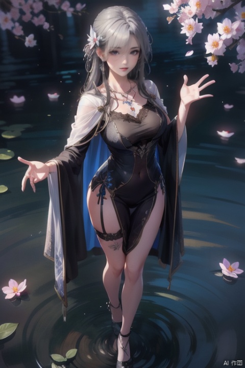 1girl, shiny skin, tattoo, slender, blue eyes, mole under eye, gray hair, medium hair, hair over one eye, look at viewer, standing, waving, T-shirt, cape, light smile, feather hair ornament, necklace, lace trim, high heels, thigh strap, HDR,UHD,8K, best quality, masterpiece, Highly detailed, Studio lighting, ultra-fine painting, sharp focus, physically-based rendering, extreme detail description, Professional, close-up view, ((ink)),(water color),bloom effect,detailed beautiful grassland with petal,flower,butterfly,necklace,smile,petal,(((surrounded by heavy floating petal flow)))