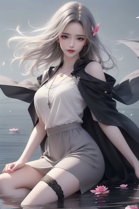 1girl, shiny skin, tattoo, slender, blue eyes, mole under eye, gray hair, medium hair, hair over one eye, look at viewer, standing, waving, T-shirt, cape, light smile, feather hair ornament, necklace, lace trim, high heels, thigh strap, HDR,UHD,8K, best quality, masterpiece, Highly detailed, Studio lighting, ultra-fine painting, sharp focus, physically-based rendering, extreme detail description, Professional, close-up view, ((ink)),(water color),bloom effect,detailed beautiful grassland with petal,flower,butterfly,necklace,smile,petal,(((surrounded by heavy floating petal flow)))