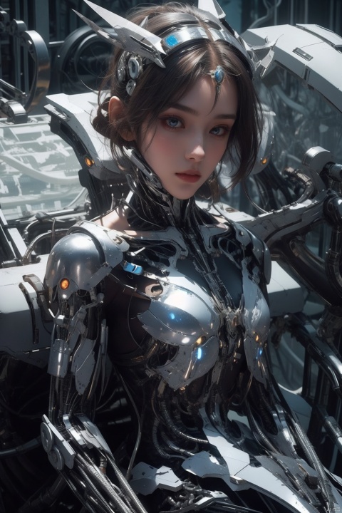 1 girl, silver mech, full body close-up, complex details, mech girl, looking at face through semi transparent shield,cyborg