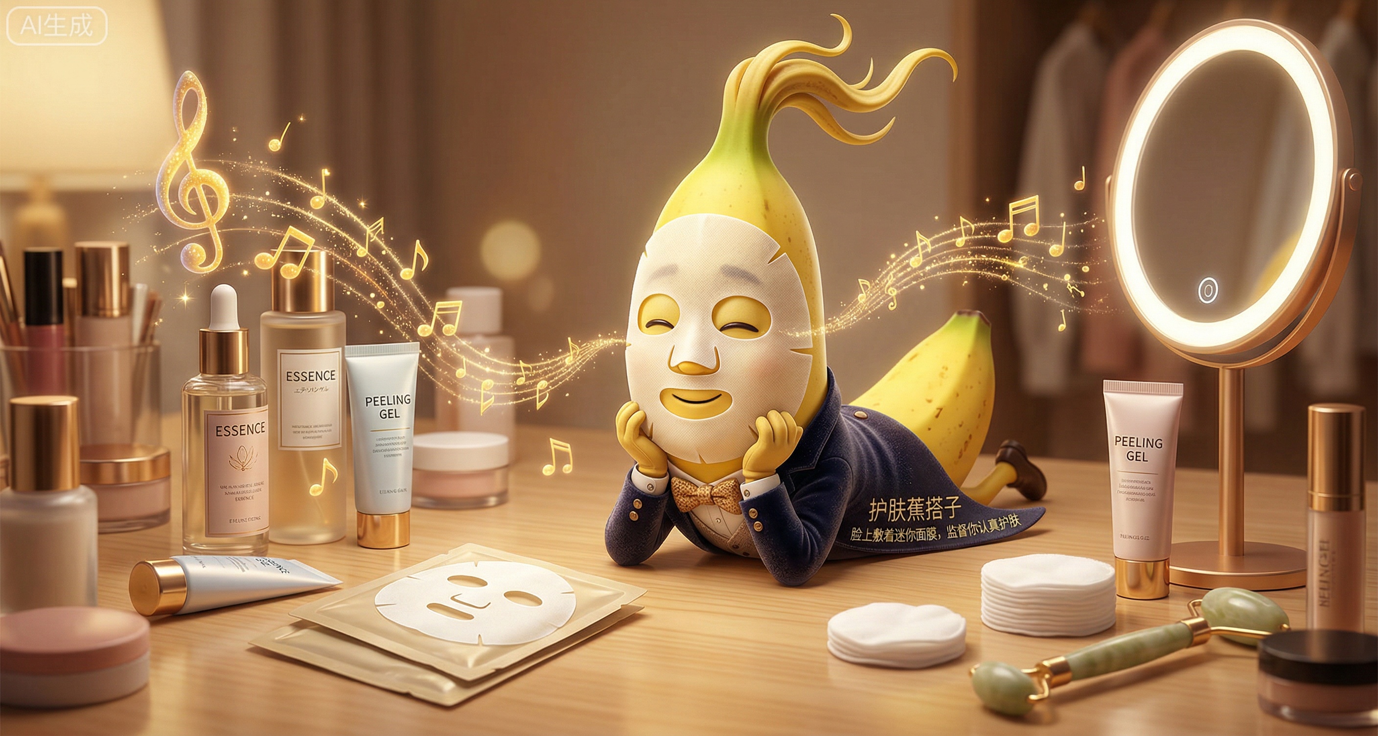 护肤蕉搭子趴在化妆台上，脸上敷着迷你面膜，监督你认真护肤。