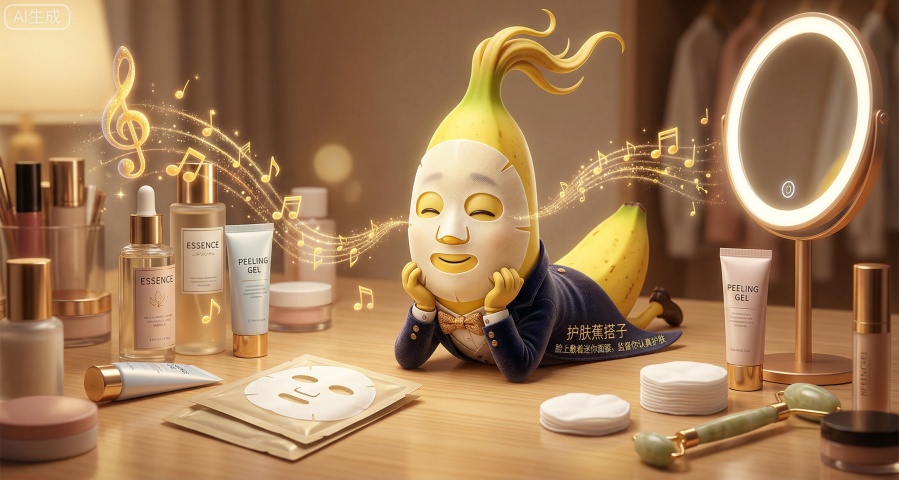 护肤蕉搭子
趴在化妆台上，脸上敷着迷你面膜，监督你认真护肤。