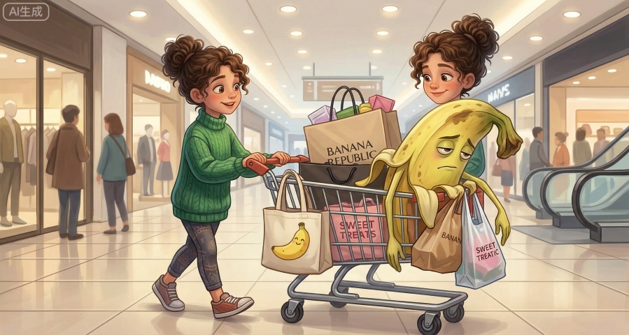 逛街蕉搭子
坐在购物袋里，陪你逛商场，帮你拎东西，累到蔫蔫的。