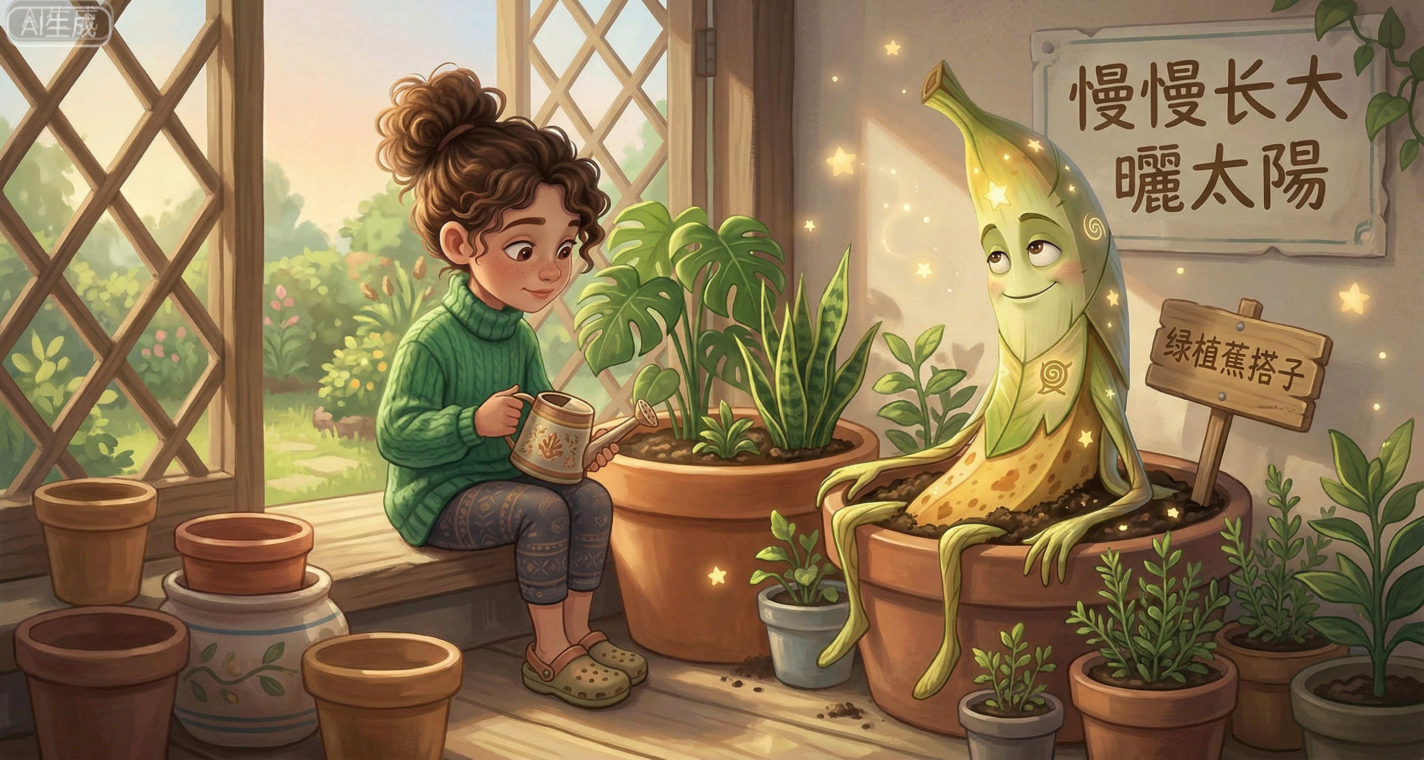 绿植蕉搭子坐在花盆边，假装自己是植物，和绿植一起晒太阳、慢慢长大。