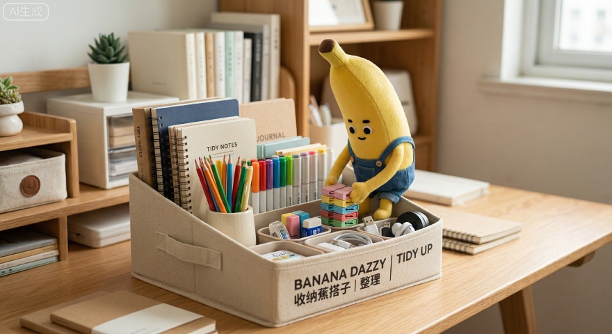 收纳蕉搭子
蹲在收纳盒上，帮你整理杂物，把东西摆整齐，强迫症福音。