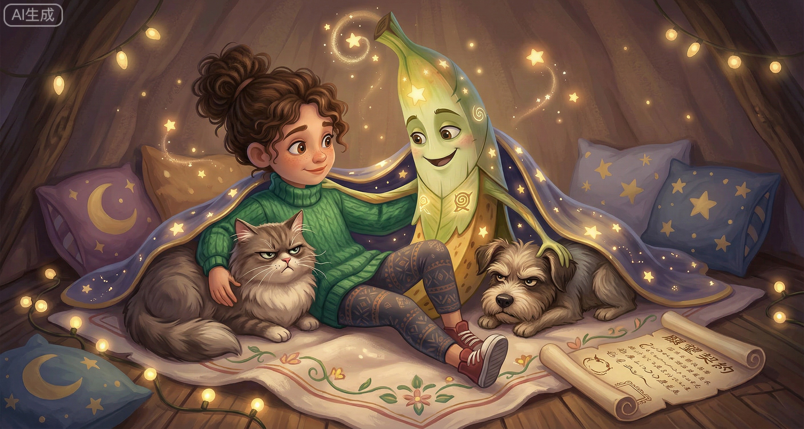 宠物蕉搭子和你家猫咪/ 狗狗躺在一起，组成一家三口，宠物一脸嫌弃又无奈。