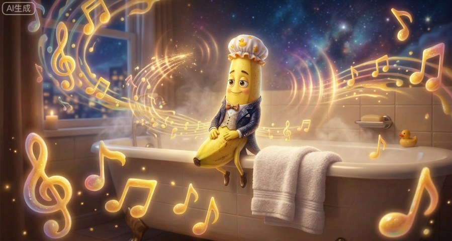 洗澡蕉搭子
坐在浴室边缘，戴着小浴帽，等你洗完，乖乖守着浴巾。