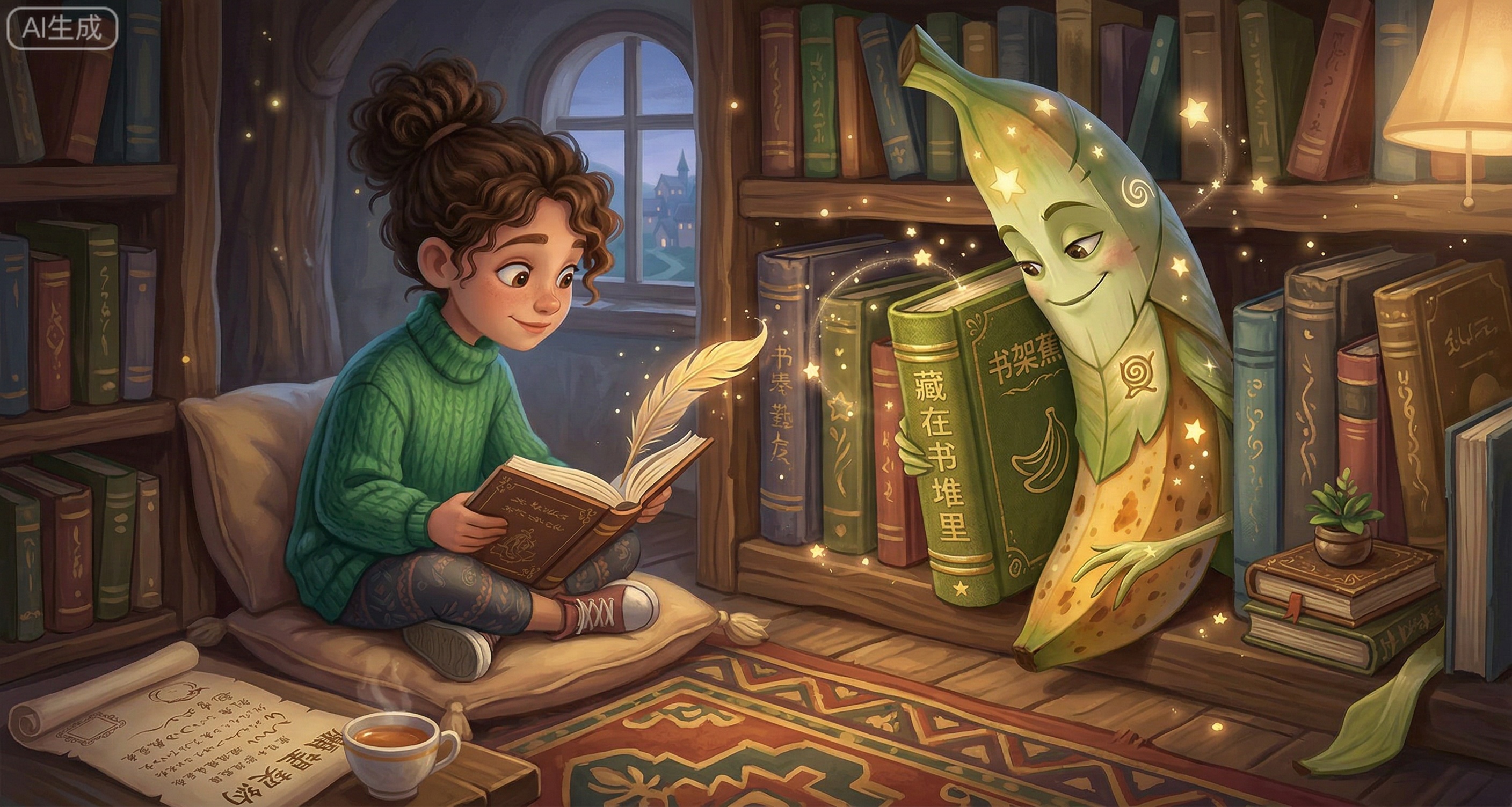 书架蕉搭子藏在书堆里，假装是一本“香蕉书”，陪你安静阅读。