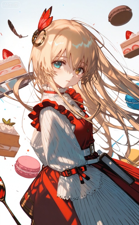 masterpiece,absurdres,best quality,((petite)),high quality,chromatic_aberration,shiny_skin,mmd,
//,
1girl, spoon, heterochromia, gloves, food, blonde_hair, solo, blue_eyes, macaron, belt, long_hair, hair_ornament, dress, red_dress, yellow_eyes, strawberry, looking_at_viewer, pinafore_dress, flower, white_background, holding_spoon, fruit, holding, book, hair_between_eyes, white_belt, red_gloves, buckle, closed_mouth, cake, long_sleeves, frills, belt_buckle, shirt, simple_background, floating_hair, sleeveless_dress, upper_body, white_shirt, green_eyes, light_particles, expressionless, floating_object, sleeves_past_elbows, white_flower, feathers, tea
//,
(shiratama \(shiratamaco\)),{{umehara sei}},(((wlop))),{chen bin},((((ciloranko)))),{onineko},{noyu},{konya_karasue},