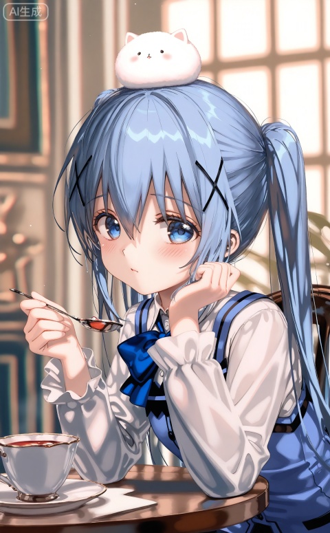 masterpiece,absurdres,best quality,((petite)),high quality,chromatic_aberration,shiny_skin,mmd,
//,
  1girl, kafuu chino, tippy \(gochiusa\), blue eyes, rabbit house uniform, hair ornament, spoon, x hair ornament, angora rabbit, cup, looking at viewer, blush, long hair, teacup, rabbit, blurry, long sleeves, blue hair, holding, twintails, blue bow, blurry background, bow, animal, holding spoon, depth of field, white shirt, shirt, indoors, alternate hairstyle, vest, table
//,
(shiratama \(shiratamaco\)),{{umehara sei}},(((wlop))),{chen bin},((((ciloranko)))),{onineko},{noyu},{konya_karasue},