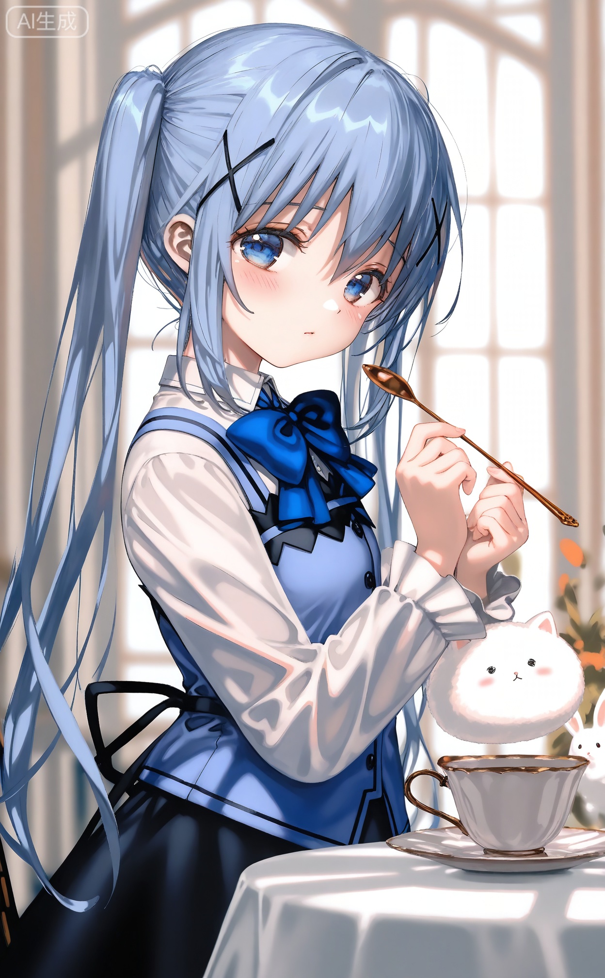 masterpiece,absurdres,best quality,((petite)),high quality,chromatic_aberration,shiny_skin,mmd,
//,
  1girl, kafuu chino, tippy \(gochiusa\), blue eyes, rabbit house uniform, hair ornament, spoon, x hair ornament, angora rabbit, cup, looking at viewer, blush, long hair, teacup, rabbit, blurry, long sleeves, blue hair, holding, twintails, blue bow, blurry background, bow, animal, holding spoon, depth of field, white shirt, shirt, indoors, alternate hairstyle, vest, table
//,
(shiratama \(shiratamaco\)),{{umehara sei}},(((wlop))),{chen bin},((((ciloranko)))),{onineko},{noyu},{konya_karasue},