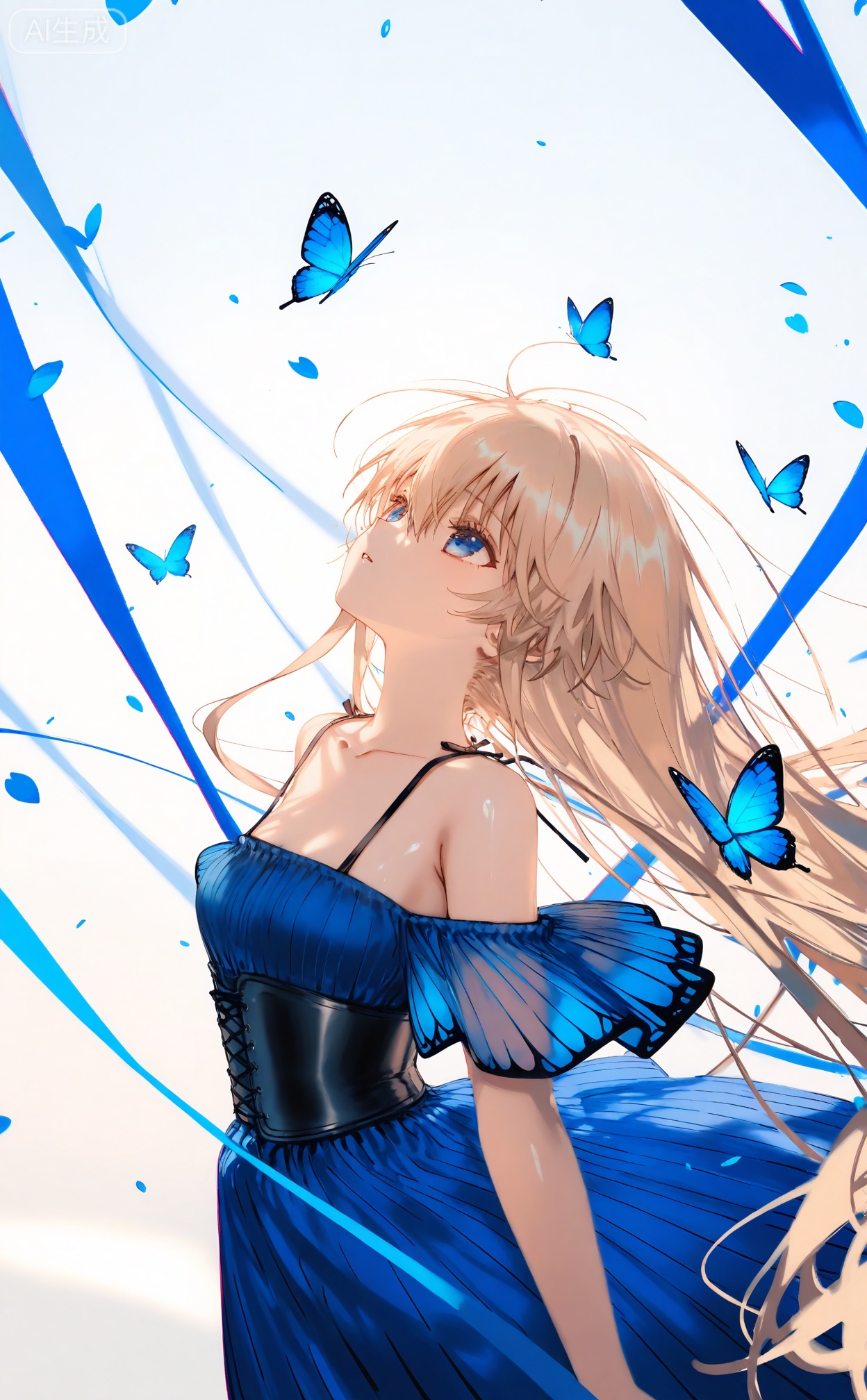 masterpiece,absurdres,best quality,((petite)),high quality,chromatic_aberration,shiny_skin,mmd,
//,
1girl, solo, long_hair, petals, blue_eyes, dress, bug, hair_between_eyes, butterfly, collarbone, off_shoulder, white_hair, white_background, bare_shoulders, blonde_hair, parted_lips, falling_petals, floating_hair, corset, looking_up, skirt, blue_dress, very_long_hair, breasts, simple_background, blue_skirt, off-shoulder_dress, blue_butterfly
//,
(shiratama \(shiratamaco\)),{{umehara sei}},(((wlop))),{chen bin},((((ciloranko)))),{onineko},{noyu},{konya_karasue},