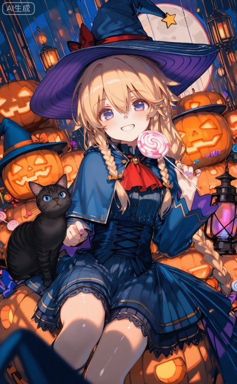 masterpiece,absurdres,best quality,((petite)),high quality,chromatic_aberration,shiny_skin,mmd,
//,
1girl, candy, lollipop, cat, witch_hat, blonde_hair, hat, black_cat, food, braid, solo, ascot, halloween, red_ascot, swirl_lollipop, holding_candy, holding_lollipop, looking_at_viewer, witch, twin_braids, smile, purple_eyes, holding, blue_eyes, long_sleeves, purple_nails, long_hair, hair_between_eyes, grin, skirt, capelet, holding_food, sitting, nail_polish, lantern, jack-o'-lantern, frills
//,
(shiratama \(shiratamaco\)),{{umehara sei}},(((wlop))),{chen bin},((((ciloranko)))),{onineko},{noyu},{konya_karasue},