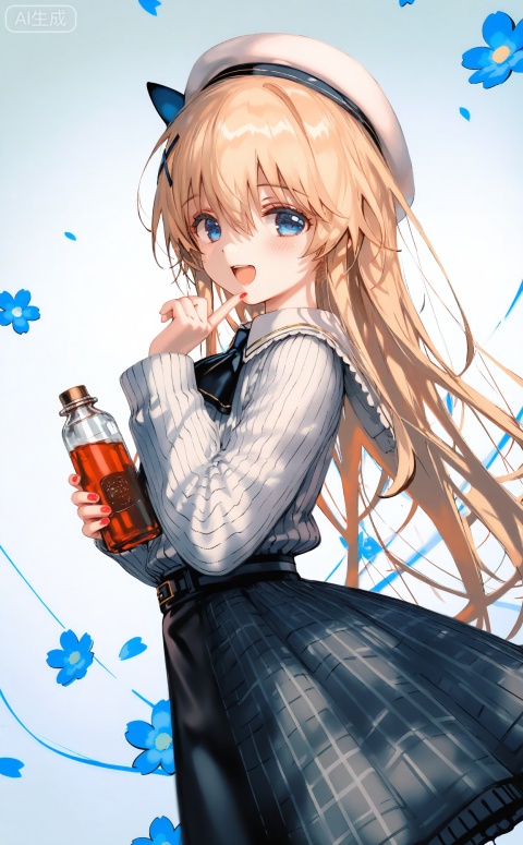 masterpiece,absurdres,best quality,((petite)),high quality,chromatic_aberration,shiny_skin,mmd,
//,
blonde_hair, blue_eyes, solo, hat, long_hair, male_focus, hair_ornament, otoko_no_ko, open_mouth, looking_at_viewer, beret, 1boy, midare_toushirou, sweater, necktie, nail_polish, white_background, crossdressing, skirt, white_headwear, red_nails, bottle, holding, hair_between_eyes, 1girl, long_sleeves, signature, ascot, flower
//,
(shiratama \(shiratamaco\)),{{umehara sei}},(((wlop))),{chen bin},((((ciloranko)))),{onineko},{noyu},{konya_karasue},