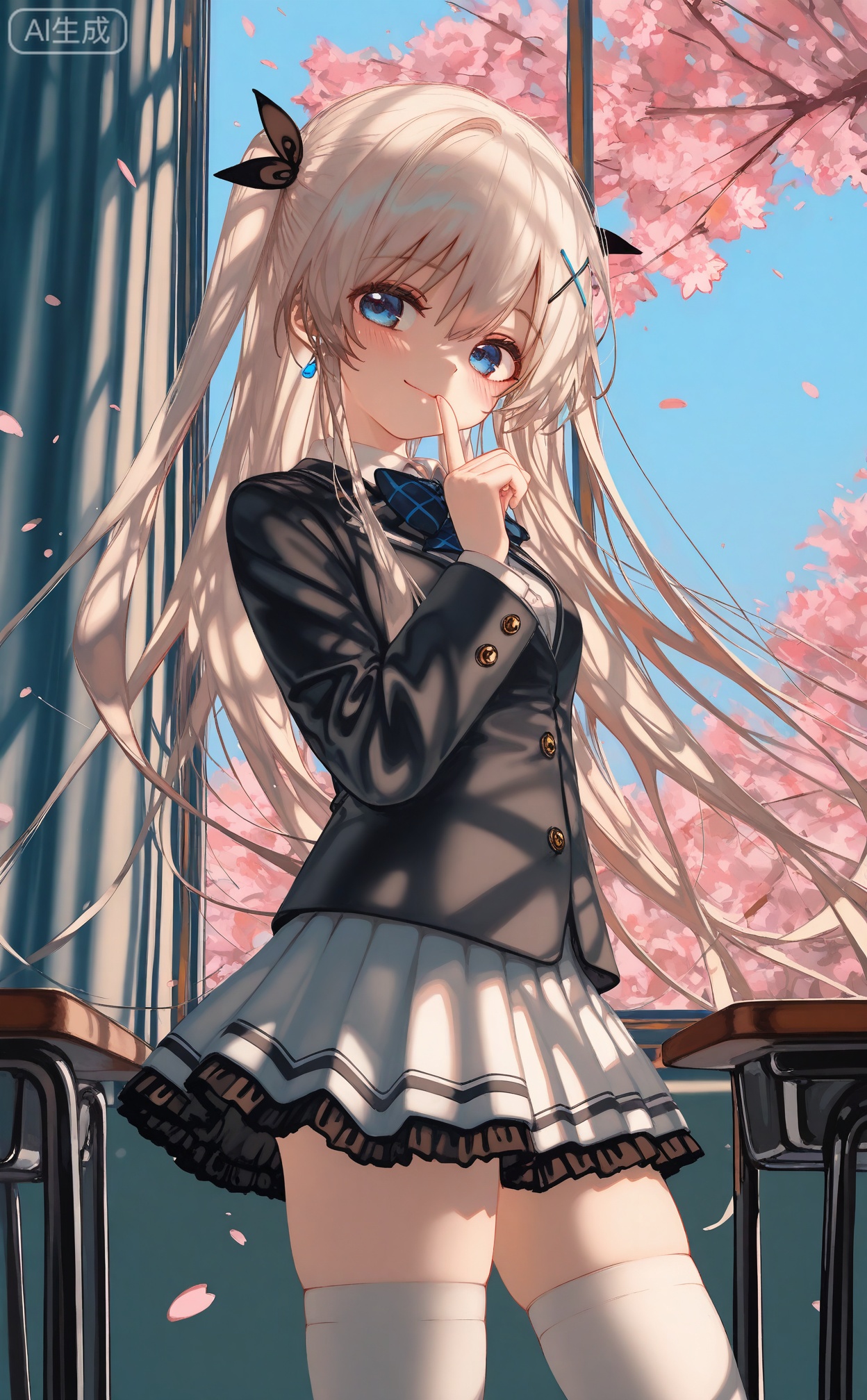 masterpiece,absurdres,best quality,((petite)),high quality,chromatic_aberration,shiny_skin,mmd,
//,
 1girl, thighhighs, solo, skirt, long hair, blue eyes, ribbon, white thighhighs, two side up, frills, smile, finger to mouth, hair ribbon, looking at viewer, window, jacket, cherry blossoms, curtains, shirt, pleated skirt, school uniform, white skirt, white shirt, long sleeves, zettai ryouiki, black jacket, blush, black ribbon, closed mouth, indoors, collared shirt, white hair, blazer, breasts, bow, index finger raised, very long hair, twitter username, cowboy shot, shushing, frilled skirt, sky, medium breasts, desk, hair between eyes, standing, skindentation, day, miniskirt, earrings, jewelry, bowtie, school desk, eyes visible through hair, blue sky
//,
(shiratama \(shiratamaco\)),{{umehara sei}},(((wlop))),{chen bin},((((ciloranko)))),{onineko},{noyu},{konya_karasue},