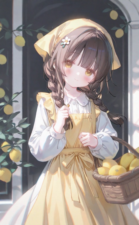 masterpiece,very aware,highres,absurdres,newest,best quality,loli,petite,high quality,chromatic_aberration//,artist:ciloranko,artist:ningen_mame,artist:sho_(sho_lwlw),artist:rhasta,artist:wlop,artist:ke-ta,artist:hiten \(hitenkei\),//,
1girl, basket, braid, food, solo, twin_braids, fruit, dress, brown_hair, yellow_eyes, apron, smile, flower, long_hair, looking_at_viewer, hair_ornament, head_scarf, lemon, ribbon, blush, holding_basket, yellow_dress