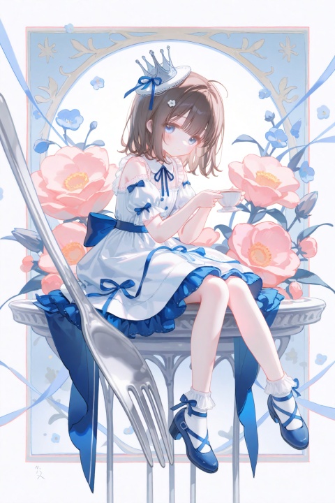 masterpiece,very aware,highres,absurdres,newest,best quality,,petite,high quality,chromatic_aberration//,artist:ciloranko,artist:ningen_mame,artist:sho_(sho_lwlw),artist:rhasta,artist:wlop,artist:ke-ta,artist:hiten \(hitenkei\),//,
, 1girl, spoon,flower, crown, blue eyes, dress, white dress, frills, solo, cup, traditional media, holding, ribbon, holding spoon, looking at viewer, teacup, frilled socks, detached sleeves, teapot, socks, oversized object, white socks, frilled dress, blue ribbon, full body, short hair, sleeveless, white ribbon, white flower, sleeveless dress, high heels, blue footwear, pink flower, frilled sleeves, puffy sleeves, mini crown, floating, white bow, bow, ankle socks, medium hair, knees together feet apart, blush, lace trim, tea, shoes, hair ornament, expressionless, hat, hair flower, marker (medium), white sleeves, bare shoulders, personification, tilted headwear, light brown hair, closed mouth, short sleeves, back bow, cube, blue background, buttons, hair ribbon, outside border, ankle ribbon, lace, food, circle, twitter username, floral background, white background, puffy short sleeves, blonde hair, lace-trimmed dress, grey hair, bobby socks, dress bow, leg ribbon, collared dress, footwear ribbon, white border, blue bow, border, artist name, wavy hair, brown hair, lolita fashion, pastel colors, blunt bangs