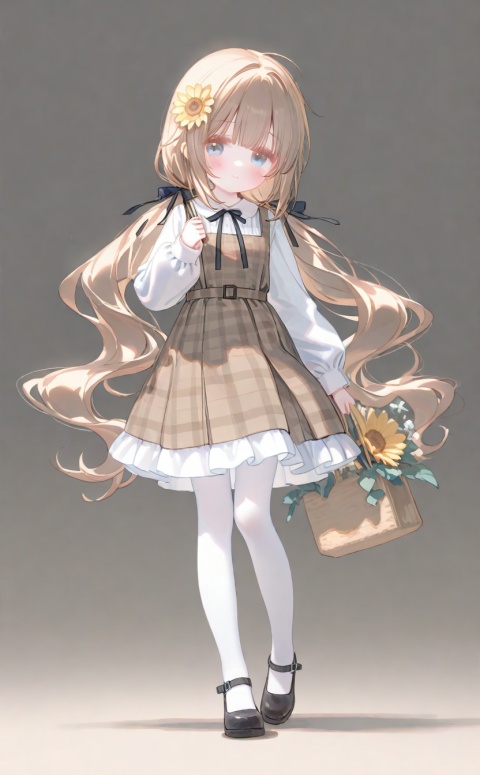 masterpiece,very aware,highres,absurdres,newest,best quality,loli,petite,high quality,chromatic_aberration//,artist:ciloranko,artist:ningen_mame,artist:sho_(sho_lwlw),artist:rhasta,artist:wlop,artist:ke-ta,artist:hiten \(hitenkei\),//,
1girl, solo, long hair, looking at viewer, blush, smile, bangs, blue eyes, blonde hair, brown hair, shirt, long sleeves, white background, dress, bow, ribbon, holding, twintails, very long hair, closed mouth, standing, full body, hair ribbon, white shirt, flower, hair bow, pantyhose, frills, shoes, sleeveless, collared shirt, belt, grey background, bag, black footwear, gradient, plaid, gradient background, black ribbon, black bow, sleeveless dress, low twintails, frilled dress, white ribbon, mary janes, puffy long sleeves, white pantyhose, yellow flower, sunflower, pinafore dress, brown dress, pleated dress, plaid dress