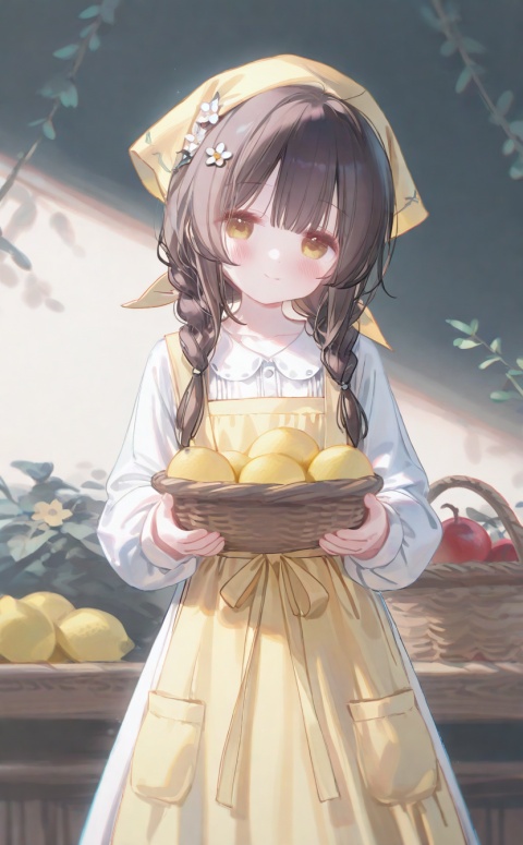 masterpiece,very aware,highres,absurdres,newest,best quality,loli,petite,high quality,chromatic_aberration//,artist:ciloranko,artist:ningen_mame,artist:sho_(sho_lwlw),artist:rhasta,artist:wlop,artist:ke-ta,artist:hiten \(hitenkei\),//,
1girl, basket, braid, food, solo, twin_braids, fruit, dress, brown_hair, yellow_eyes, apron, smile, flower, long_hair, looking_at_viewer, hair_ornament, head_scarf, lemon, ribbon, blush, holding_basket, yellow_dress