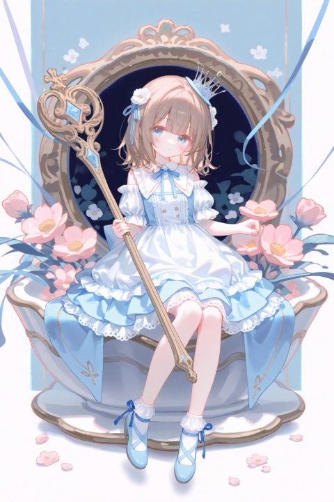 masterpiece,very aware,highres,absurdres,newest,best quality,,petite,high quality,chromatic_aberration//,artist:ciloranko,artist:ningen_mame,artist:sho_(sho_lwlw),artist:rhasta,artist:wlop,artist:ke-ta,artist:hiten \(hitenkei\),//,
, 1girl, spoon,flower, crown, blue eyes, dress, white dress, frills, solo, cup, traditional media, holding, ribbon, holding spoon, looking at viewer, teacup, frilled socks, detached sleeves, teapot, socks, oversized object, white socks, frilled dress, blue ribbon, full body, short hair, sleeveless, white ribbon, white flower, sleeveless dress, high heels, blue footwear, pink flower, frilled sleeves, puffy sleeves, mini crown, floating, white bow, bow, ankle socks, medium hair, knees together feet apart, blush, lace trim, tea, shoes, hair ornament, expressionless, hat, hair flower, marker (medium), white sleeves, bare shoulders, personification, tilted headwear, light brown hair, closed mouth, short sleeves, back bow, cube, blue background, buttons, hair ribbon, outside border, ankle ribbon, lace, food, circle, twitter username, floral background, white background, puffy short sleeves, blonde hair, lace-trimmed dress, grey hair, bobby socks, dress bow, leg ribbon, collared dress, footwear ribbon, white border, blue bow, border, artist name, wavy hair, brown hair, lolita fashion, pastel colors, blunt bangs