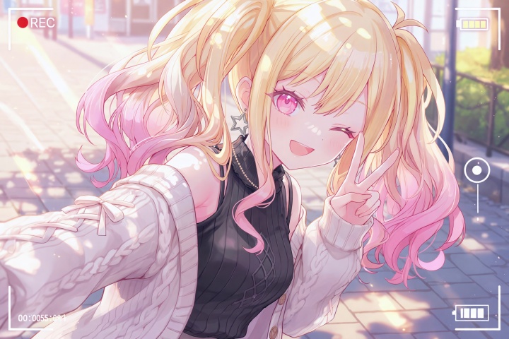 [Quality],
masterpiece,best quality,score_7,very aesthetic,
[Character],
lineart, anime style, depth of field, Scenery, Light, tachi-e, from side, upper body, shadow, solo, project sekai, tenma saki, 1girl, ;d, v, black sweater, black sweater vest, blonde hair, camisole, camisole over clothes, cardigan, dappled sunlight, earrings, facing viewer, forced perspective, gradient hair, jewelry, long hair, looking at viewer, medium breasts, multicolored hair, official alternate costume, official alternate hairstyle, open cardigan, open clothes, open mouth, outdoors, pants, pink eyes, pink hair, plaid camisole, ribbed sweater, star earrings, sunlight, sweater, sweater vest, twintails, viewfinder, white cardigan, highres, come hither,

