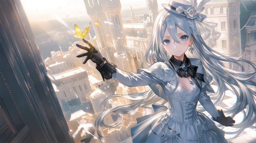 (Murata_Renge:0.8),(reoen1:1),(as109:0.7),(Saebe_Shun:0.7),(akipeko:0.7),(Toronto:0.8),(lineart:0.8),(fuzichoco:0.6),(Mika Pikazo:0.4),(Artist: sheya:0.5),(wlop:0.4),Illustration,Simple Flat Coloring,lightshadow,line art,shadow,masterpiece,best quality,good quality,very aesthetic,A shot with tension,impactful picture,offcial art,movie perspective,masterpiece,facing the lens,best quality,very aesthetic,extremely delicate and beautiful,huge filesize,amazing quality,Blurred, masterpiece, best quality, very aesthetic, very awa, absurdres, highly_detailed, high detail, chromatic aberration, detailed lighting, rendered, score_9_up, score_8_up, score_7_up, 

1girl, yoisaki kanade, solo, small breasts, long hair, looking at viewer, blush, bangs, blue eyes, gloves, long sleeves, hat, dress, bow, hair between eyes, jewelry, very long hair, closed mouth, flower, white hair, grey hair, earrings, black gloves, white dress, rose, white headwear, white bow, white flower, brooch, hat flower, white rose, 

The image depicts a character with long, flowing silver hair, wearing a large white hat adorned with black and gold floral patterns. The character is dressed in an elaborate white outfit featuring intricate lace and floral embroidery, with a prominent blue gemstone pendant on the chest. The character's expression is somewhat serious, with one hand raised to the face and the other resting on the bodice. The background is dark, which contrasts with the bright and detailed attire of the character.,

foreground,solo_focus,simple_background,depth_of_field,sunlight,reflective,masterful details,intricate details,soothing tones,high contrast,natural skin texture,soft light,sharp,ultra-high resolution,32K UHD,cyzf,intricate hair details,sharp hair strands,cel shading lines,layered haircut,hair parting lines,yswh