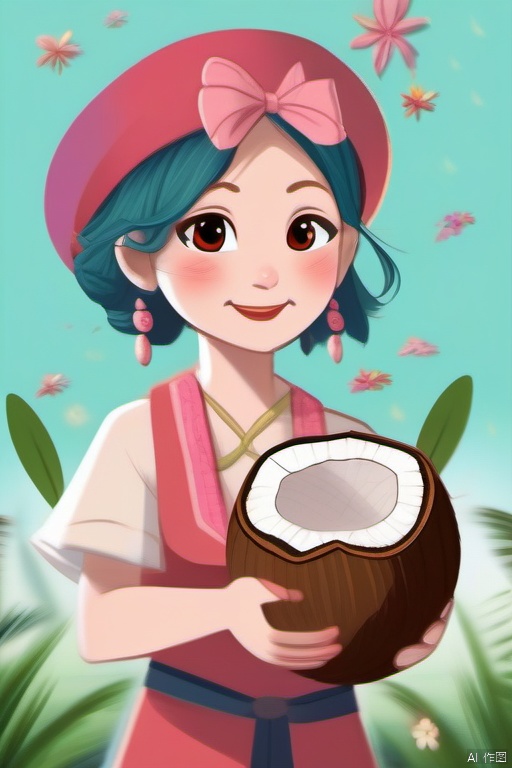 Coconut chicken,The image showcases two animated characters. On the left is a creature resembling a Chicken with large, expressive eyes and a coconut shell-like body. The creature has green leaves sprouting from its head. On the right is a young girl with a cheerful expression, wearing a traditional outfit with a hat adorned with symbols and a red ribbon. She has a pink bow in her hair and is holding a small object in her hand. The background is a muted teal color, and there are scattered petals on the ground.