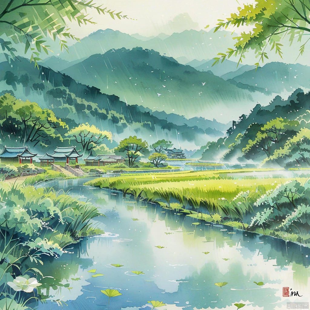A serene ink wash painting capturing Qingming Festival scenery in a traditional Chinese landscape composition. The 16:9 pa...