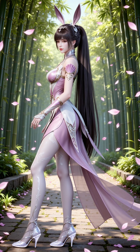 
4K,masterpiece,best quality,very aesthetic,lvjing,
brown hair, long hair,ponytail, high ponytail, very long hair, brown eyes, hair_ornament, french braid, xiaowu metal collar, xiaowu pink dress, rabbit ears, fake ears,white pantyhose, xiaowu white pantyhose, xiaowu white fingerless gloves, xiaowu crystal high heels, 1girl, from side,solo, petals, falling petals, full body,closed mouth,nature,bamboo