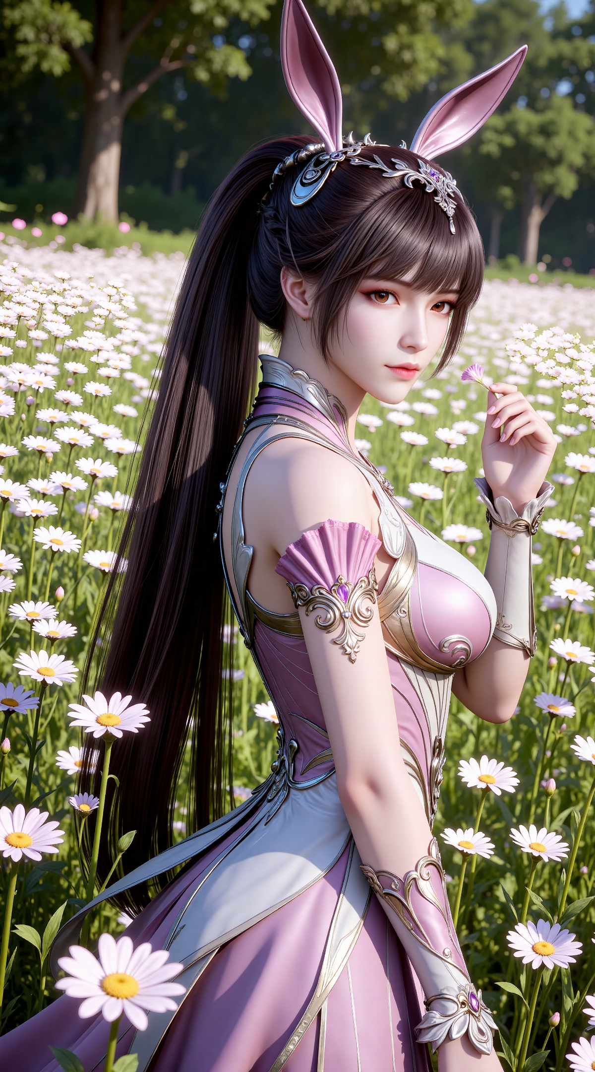 
4K,masterpiece,best quality,very aesthetic,lvjing,
brown hair, long hair, high ponytail, very long hair, brown eyes, hair_ornament, from side,hand up,french braid, xiaowu metal collar, xiaowu pink dress, rabbit ears, fake ears, 1girl, solo, flower, upper body, closed mouth, looking at viewer, outdoors, butterfly, grass, bug, medium breasts