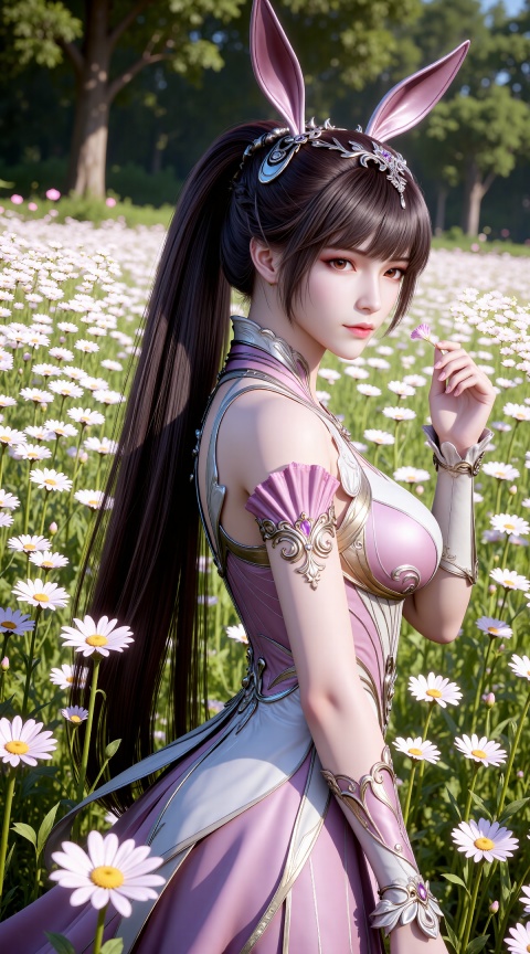
4K,masterpiece,best quality,very aesthetic,lvjing,
brown hair, long hair, high ponytail, very long hair, brown eyes, hair_ornament, from side,hand up,french braid, xiaowu metal collar, xiaowu pink dress, rabbit ears, fake ears, 1girl, solo, flower, upper body, closed mouth, looking at viewer, outdoors, butterfly, grass, bug, medium breasts