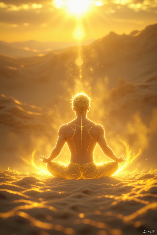 In a breathtaking 8K high-resolution masterpiece,  a majestic male figure stands serene,  his back aglow with warm by 暖阳 o...