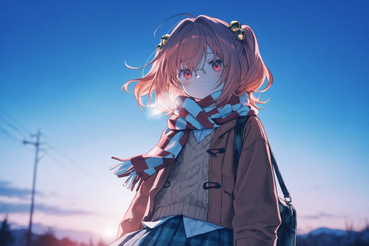 from below,1girl, looking_at_viewer,solo, blush, skirt, shirt, blurry, scarf, winter clothes, skirt, shirt, long sleeves, white shirt, pleated skirt, alternate costume, sweater, blue skirt, sleeves past wrists, plaid, plaid skirt, brown sweater, miniskirt, bag,alternate_costume, dusk,sky,scenery,motoori kosuzu,glasses,blue theme,jacket,expressionless,upper_body,

 ,(artist:aoki ume:1.2),(artist:quasarcake:0.6),extreme aesthetic,masterpiece,best quality,backlight,high quality,(Tyndall Effect 1.4),extremely detailed,High Detail,vibrant colors,anime style,cover art,(wanke:0.8),(watercolor \(tira 7:0.8),(lam (ramdayo):0.8),(mochizuki kei:0.8),extreme aesthetic,masterpiece,best quality,good quality,newest,very aesthetic,absurdres,Visual impact,32K UHD,colorful,sharp focus ,