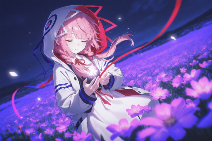 masterpiece,very aware,highres,absurdres,newest,best quality,petite,high quality,chromatic_aberration,cinematic_angle,dutch angle,night,//,1girl, virtual youtuber, kaf (kamitsubaki studio), flower, hood, solo, pink hair, closed eyes, hood up, long hair, flower field, field, jacket, dress, braid, hooded jacket, long sleeves, low twin braids, white dress, purple flower, ribbon, pink flower, floating hair, red ribbon, white jacket, blurry