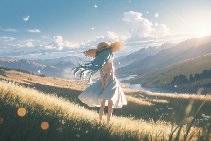 masterpiece, best quality, very aesthetic, ultra detailed, anime style, cel shading, clean lineart, 2d illustration, painterly anime background, highres, absurdres,
[makoto shinkai], [kedama milk],
solo, 1girl, tiny figure for scale, back facing viewer, standing on a vast green plain, looking at distant blue mountains,
long chestnut hair, white summer dress, straw hat hanging on her back, hands tucked behind her back, bare feet hidden by tall grass and wildflowers,
environment: endless temperate grassland, scattered birch and oak trees, a winding river reflecting the sky, colossal cumulus clouds towering in a deep blue sky, distant mountain range with snow caps, wildflowers swaying in the wind, butterflies and pollen floating in the air,
unified fresh green and sky blue palette, sunlight from above casting soft shadows, cloud shadows drifting across the plain, river and distant snow peaks sharing the same cool highlight,
(extreme wide shot:1.2), tiny character dwarfed by colossal sky and landscape, epic scale, breathtaking openness,
(background blur:1.1) only for far mountains, foreground grass sharp, midground character clear, deep atmospheric perspective,
volumetric light, soft bokeh, dramatic lighting, perfect composition, sense of freedom and vastness,
face not visible, wind motion in hair and dress, silhouette rim light.